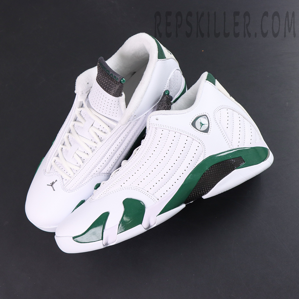 Air Jordan 14 Retro “Forest” top-down view featuring soft white inner lining and signature streamlined AJ14 construction