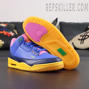 Jordan 3 Retro “Brazil” outsole view featuring yellow rubber sole with pink forefoot traction and green Nike branding