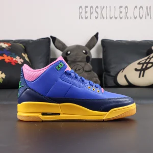 Jordan 3 Retro “Brazil” side profile featuring royal blue leather upper with yellow midsole and pink collar accents