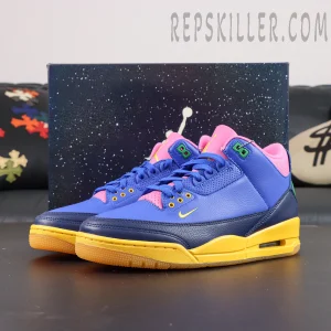 Jordan 3 Retro “Brazil” displayed with shoebox featuring bold blue, yellow, and pink retro basketball-inspired colors