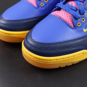 Jordan 3 Retro “Brazil” toe box detail featuring smooth blue leather with yellow midsole and pink perforated panels