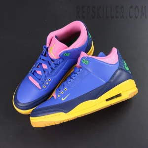Jordan 3 Retro “Brazil” top angled view featuring the iconic Jordan 3 silhouette with vibrant Brazil-inspired color blocking
