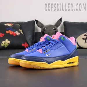 Jordan 3 Retro “Brazil” front angled view featuring blue and yellow color blocking with pink tongue accents