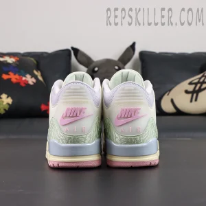 Jordan 3 Retro “Spring is In The Air” rear view featuring creamy white leather upper with pastel pink and green midsole accents