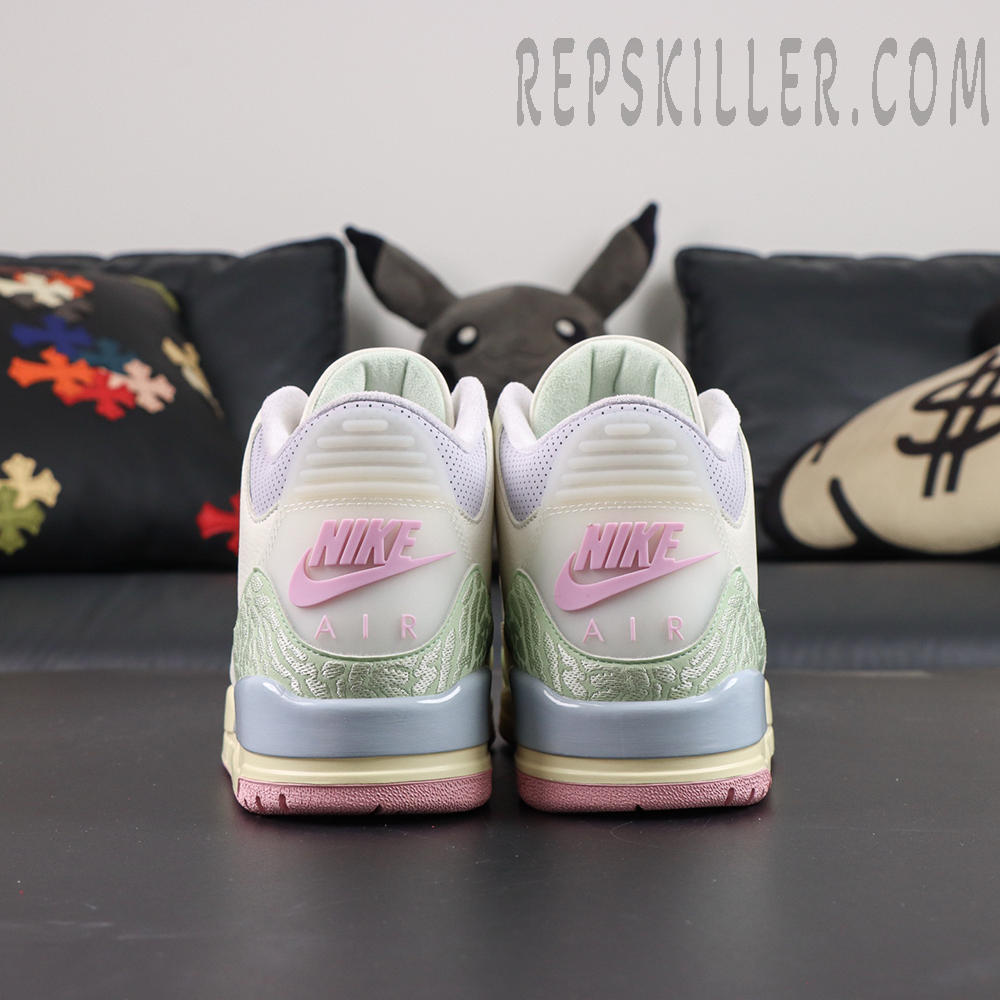 Jordan 3 Retro “Spring is In The Air” rear view featuring creamy white leather upper with pastel pink and green midsole accents