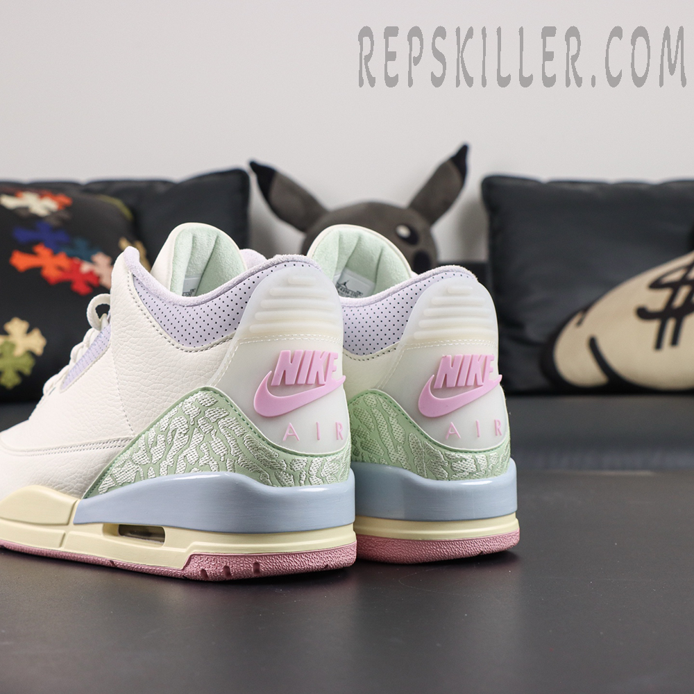 Jordan 3 Retro “Spring is In The Air” heel detail featuring pink Nike Air branding and soft green elephant print accents