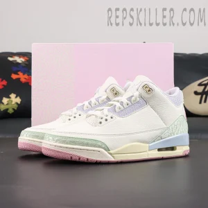 Jordan 3 Retro “Spring is In The Air” displayed with shoebox, featuring tumbled white leather and spring-inspired pastel color accents