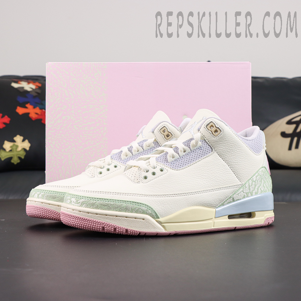 Jordan 3 Retro “Spring is In The Air” displayed with shoebox, featuring tumbled white leather and spring-inspired pastel color accents