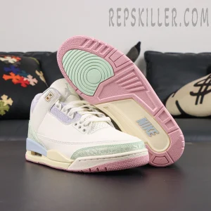 Jordan 3 Retro “Spring is In The Air” outsole view featuring pink rubber traction and mint green circular forefoot detail