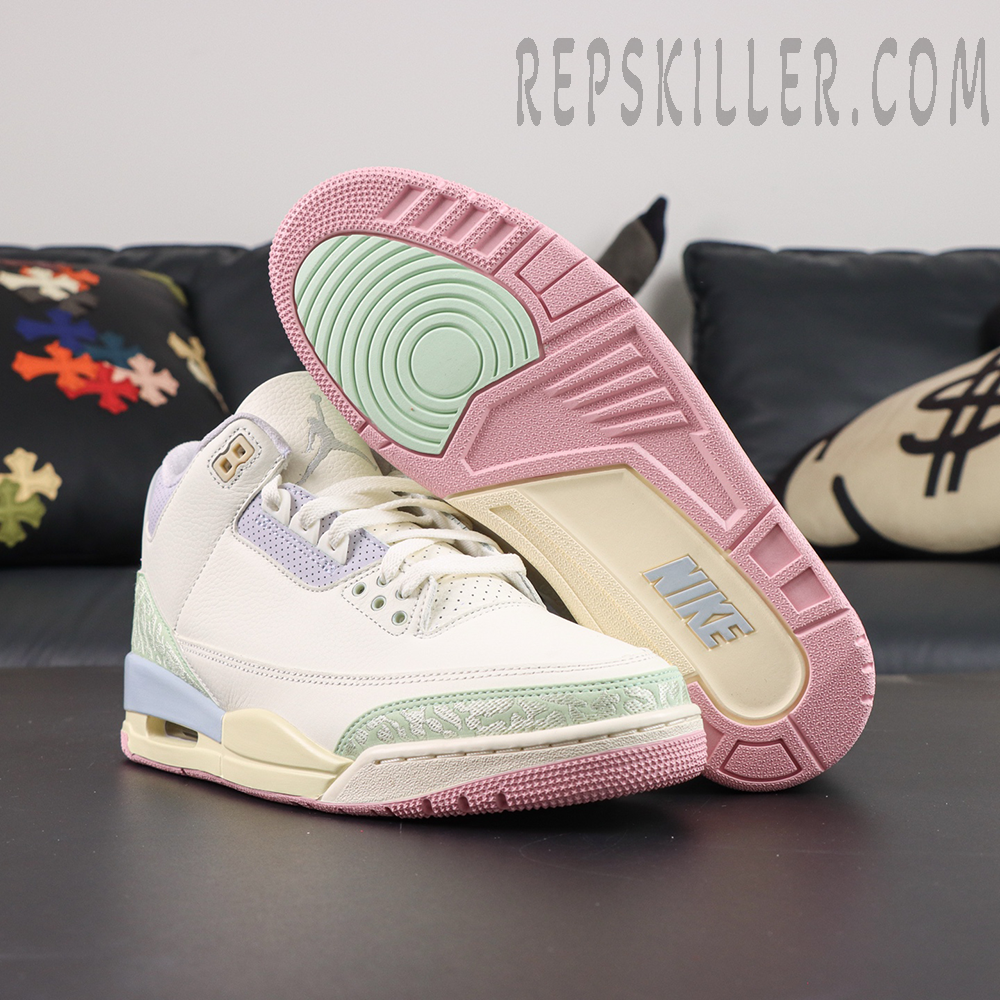 Jordan 3 Retro “Spring is In The Air” outsole view featuring pink rubber traction and mint green circular forefoot detail