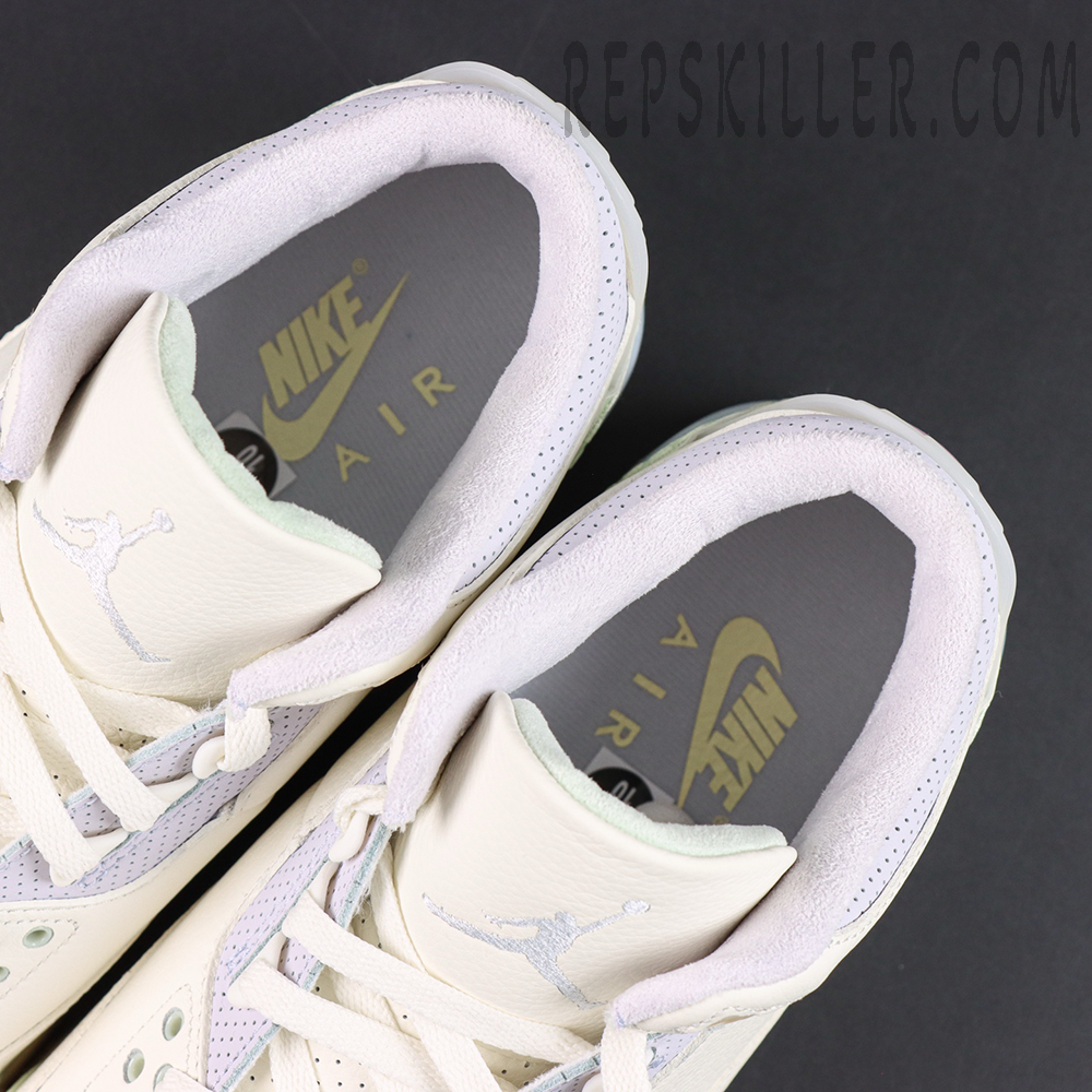 Jordan 3 Retro “Spring is In The Air” collar and insole detail featuring light purple lining and embroidered Jumpman branding