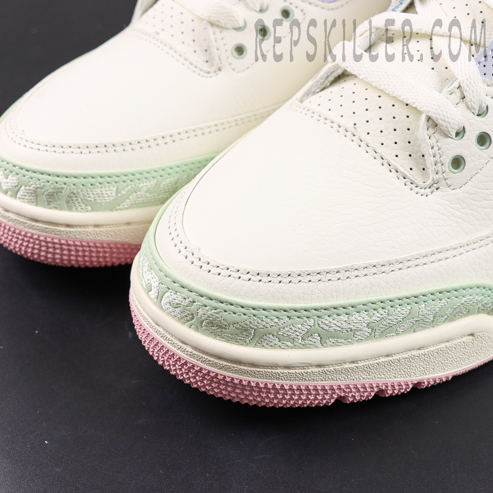 Jordan 3 Retro “Spring is In The Air” toe box detail featuring soft green elephant print overlays and premium white leather upper