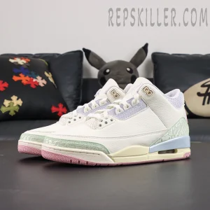 Jordan 3 Retro “Spring is In The Air” front angled view featuring creamy white leather upper with pink outsole and light blue midsole accents