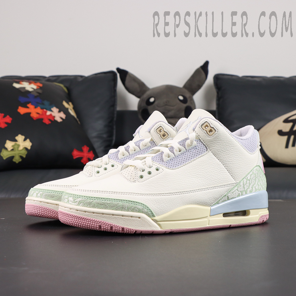 Jordan 3 Retro “Spring is In The Air” front angled view featuring creamy white leather upper with pink outsole and light blue midsole accents