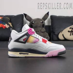 Jordan 4 Retro “Comic” side profile featuring white leather upper, pink gradient mesh panels and visible Air cushioning