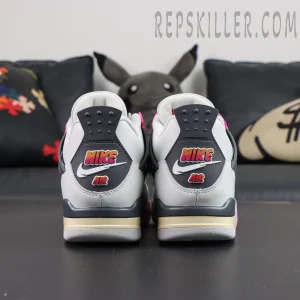 Jordan 4 Retro “Comic” heel view featuring gradient Nike Air branding and grey support wings inspired by comic aesthetics