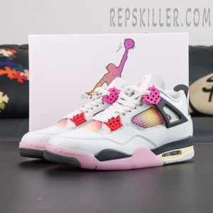 Jordan 4 Retro “Comic” displayed with themed shoebox featuring vibrant pink and grey accents on a clean white upper