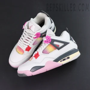 Jordan 4 Retro “Comic” top angle featuring gradient side mesh panels and bright pink lace wing accents