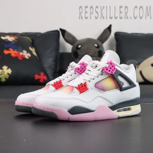Jordan 4 Retro “Comic” angled front view combining low-top silhouette with colorful comic-inspired accents
