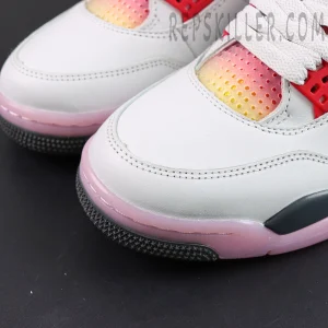 Jordan 4 Retro “Comic” toe detail featuring smooth white leather contrasted by pink and yellow gradient mesh panels