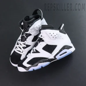 Jordan 6 “Oreo” top view featuring black and white color blocking with speckled midsole accents