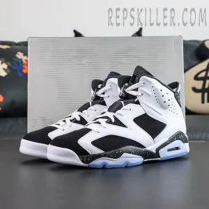 Jordan 6 “Oreo” displayed with shoebox featuring classic black and white styling with icy translucent outsole