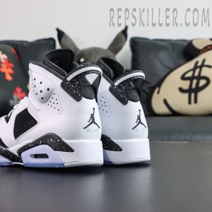Jordan 6 “Oreo” rear side angle showcasing white leather upper with contrasting speckled midsole detailing