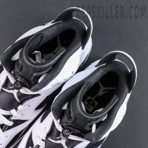 Jordan 6 “Oreo” collar top view featuring black inner lining and signature retro tongue construction
