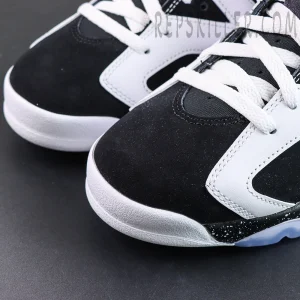 Jordan 6 “Oreo” toe detail featuring black nubuck overlays with clean white lace contrast