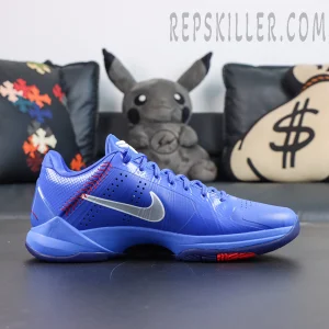 Nike Zoom Kobe 5 Protro “Dodgers” side profile showcasing a royal blue upper with metallic silver Swoosh and red baseball-inspired stitching