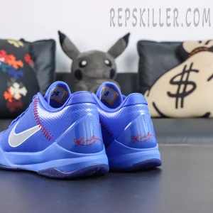 Nike Zoom Kobe 5 Protro “Dodgers” rear heel view featuring red stitching accents and Kobe signature detailing on a royal blue basketball sneaker