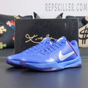Nike Zoom Kobe 5 Protro “Dodgers” sneaker and box display featuring the iconic blue upper alongside a Kobe signature black shoe box