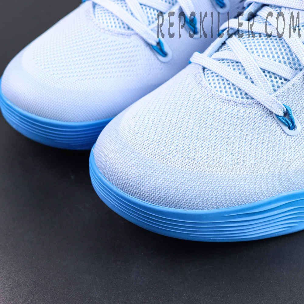 Nike Kobe 9 EM Protro “Hydrogen Blue” toe box detail featuring engineered mesh construction for lightweight breathability