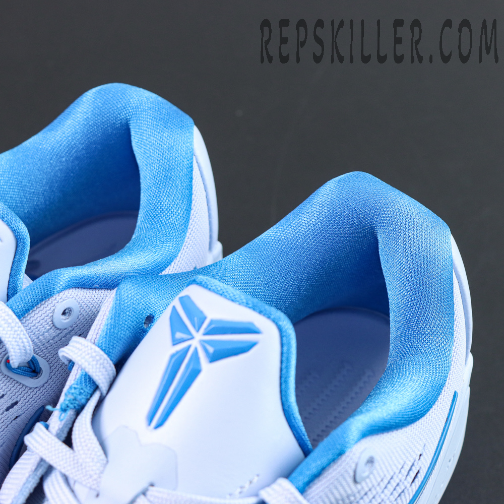 Nike Kobe 9 EM Protro “Hydrogen Blue” collar and tongue detail featuring the blue Kobe Sheath logo and premium basketball styling