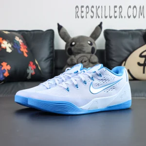 Nike Kobe 9 EM Protro “Hydrogen Blue” angled side view showcasing a clean white and blue color scheme with streamlined basketball aesthetics
