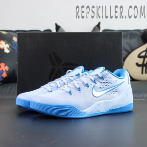 Nike Kobe 9 EM Protro “Hydrogen Blue” displayed with its box, highlighting the low-top silhouette and lightweight performance design