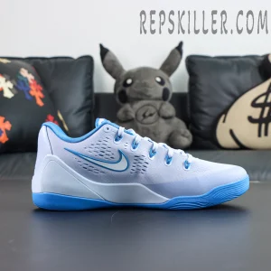 Nike Kobe 9 EM Protro “Hydrogen Blue” lateral profile featuring a large Swoosh logo and ventilation perforations for style and functionality