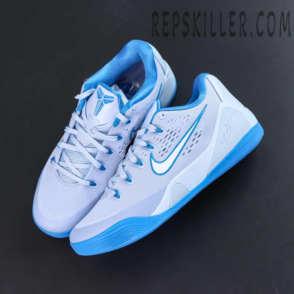 Nike Kobe 9 EM Protro “Hydrogen Blue” top-down view highlighting the streamlined silhouette and blue accents of the modern basketball shoe