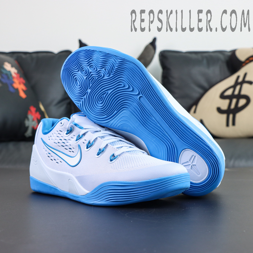 Nike Kobe 9 EM Protro “Hydrogen Blue” outsole view featuring pressure-map-inspired traction patterns and durable rubber grip for court performance