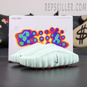 Nike Mind 001 “Barely Green” displayed with its packaging featuring a thermal pressure-map graphic and futuristic design language