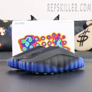 Nike Mind 001 Flyknit “Hyper Royal” displayed with themed packaging featuring futuristic graphics that complement the innovative design