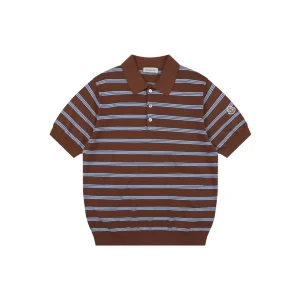 Moncler Brown Striped M Patch Jacquard Knit Polo T-Shirt