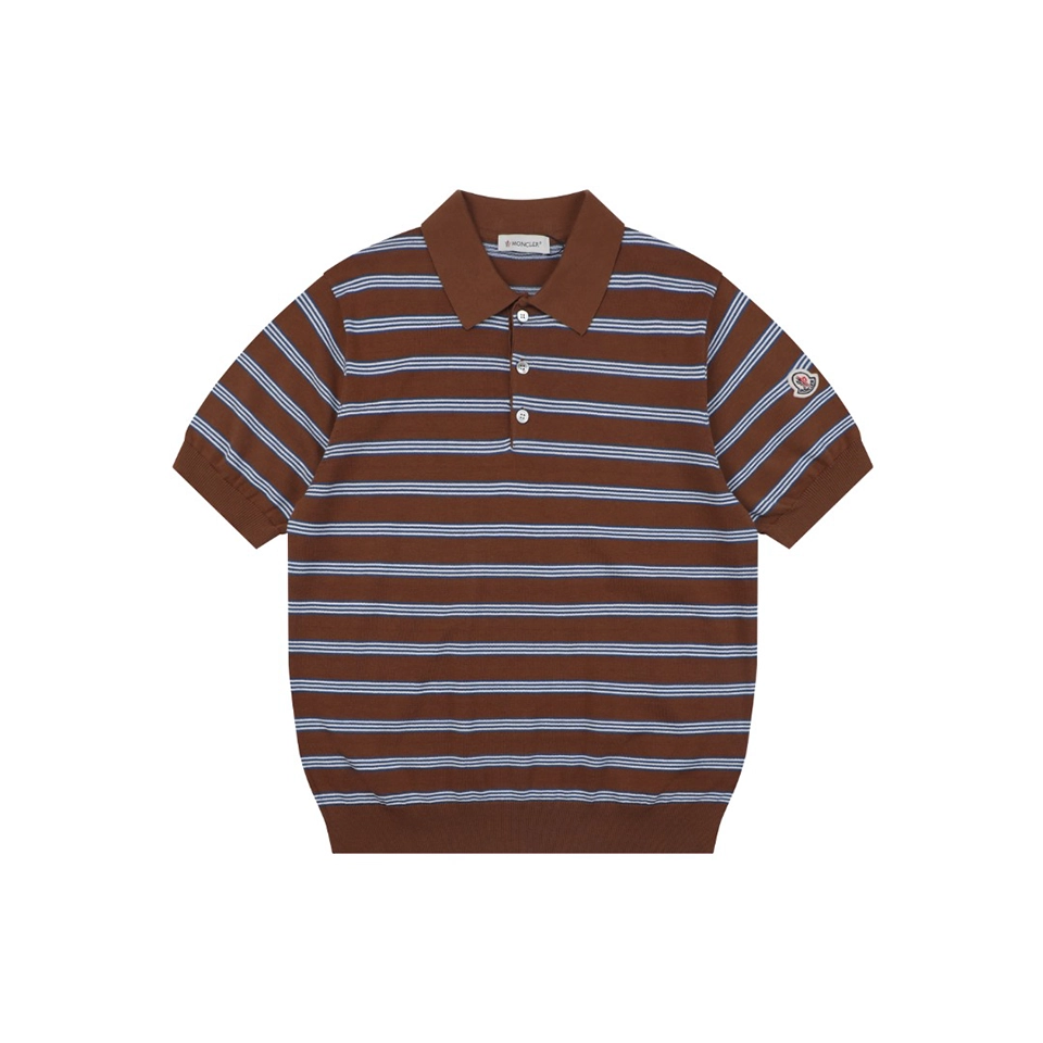 Moncler Brown Striped M Patch Jacquard Knit Polo T-Shirt