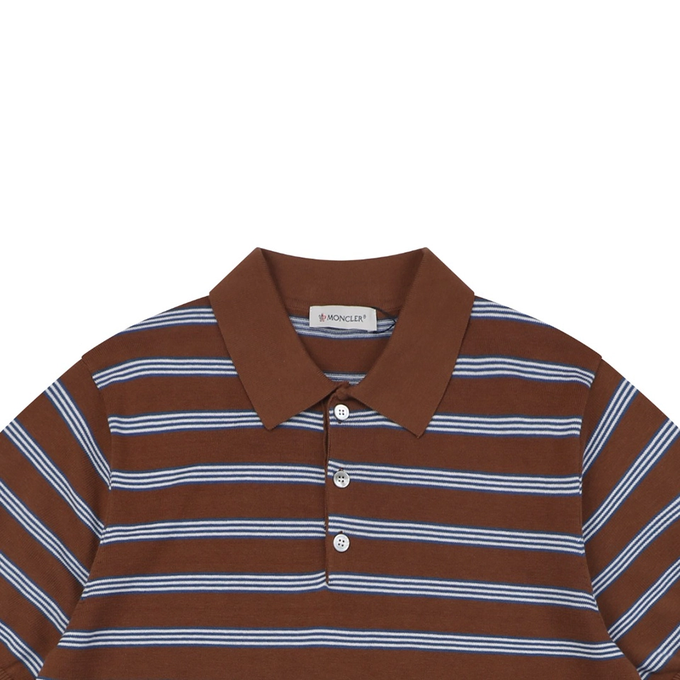 Moncler Brown Striped M Patch Jacquard Knit Polo T-Shirt