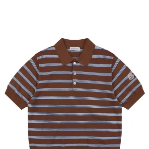 Moncler Brown Striped M Patch Jacquard Knit Polo T-Shirt