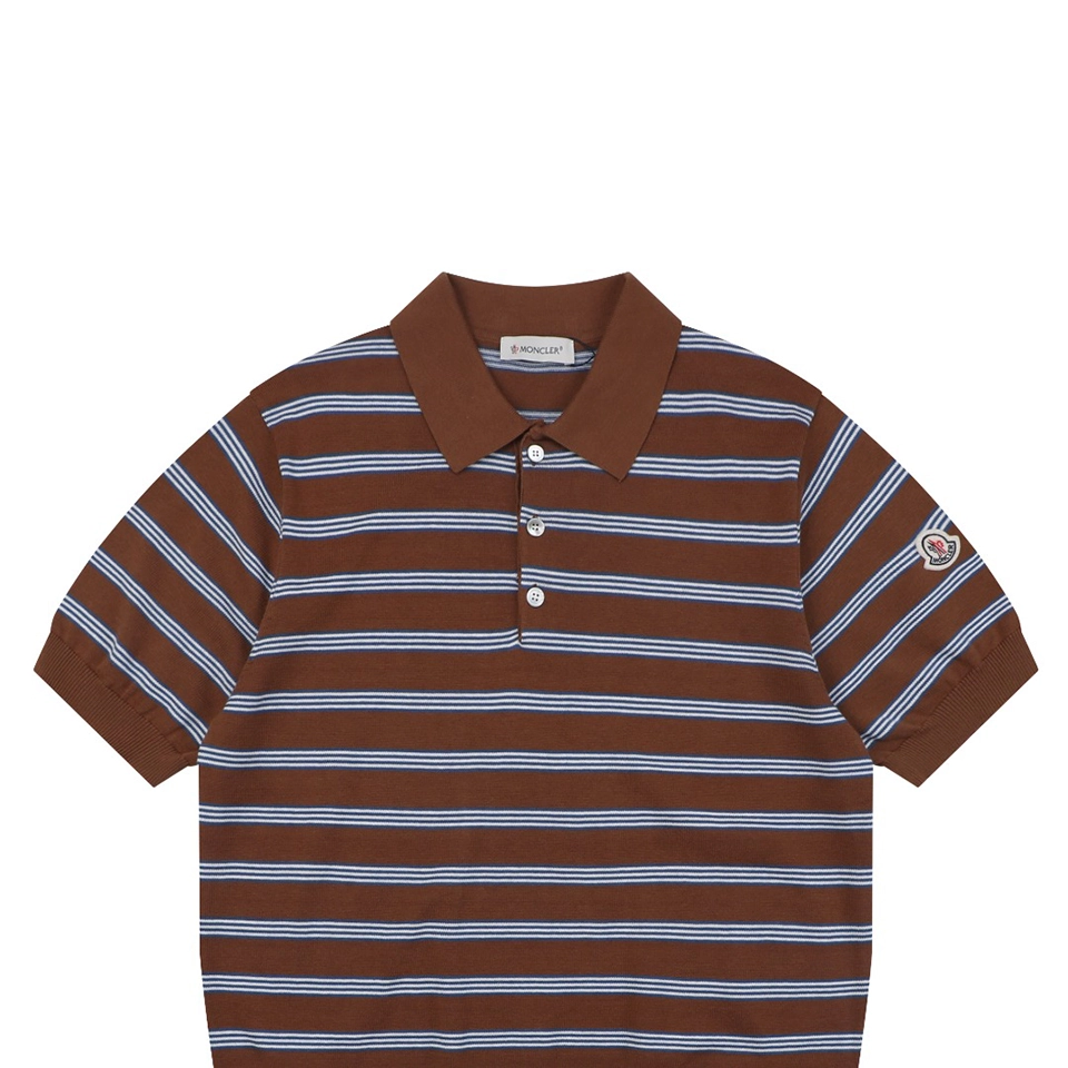 Moncler Brown Striped M Patch Jacquard Knit Polo T-Shirt