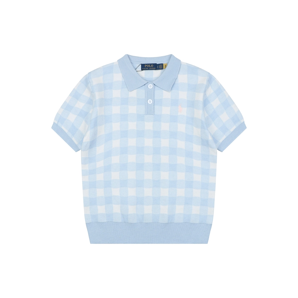 Ralph Lauren Gingham Pony Jacquard Polo T-Shirt Blue Front view
