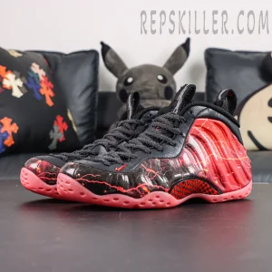 Stranger Things x Nike Air Foamposite One Premium QS “Black Bright Crimson” side view inspired by lightning crack graphics from Vecna’s world
