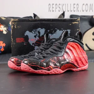 Stranger Things x Nike Air Foamposite One Premium QS “Black Bright Crimson” displayed with shoebox featuring black and red lightning graphic upper
