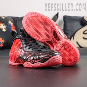 Stranger Things x Nike Air Foamposite One Premium QS “Black Bright Crimson” outsole view featuring bright crimson herringbone traction pattern